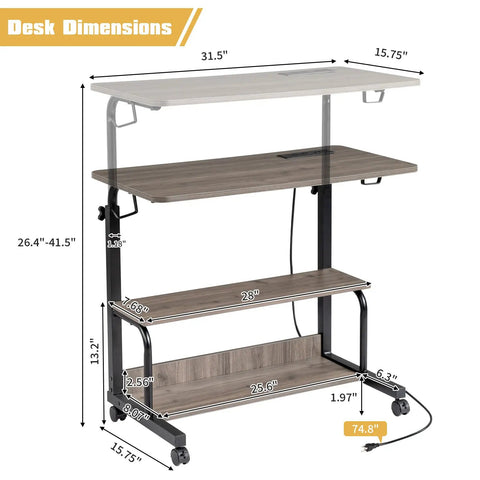 Unwind And Handle Daily Grind At This Grey Oak Rolling Standing Desk With Height Adjustable Top Smooth Gliding Wheels Grab And Go Mobility Side Hooks And Roomy Storage Shelves For Your Home Office Setup dimensions showing height and width.