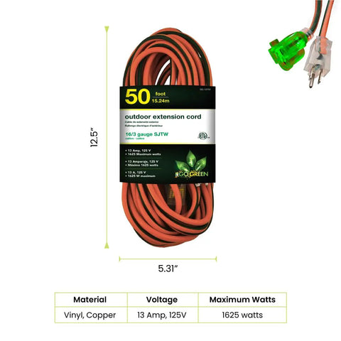 16/3 50-Foot Outdoor Extension Cord Not For EV Chargers Heavy Duty Weatherproof Contractor Grade SJTW