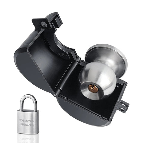 MOSECYOU door knob locking cover with padlock; all-metal construction, adjustable, side view