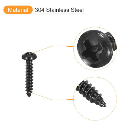 Close-up of One Hundred Pack Of Two Gauge By Three Eighths Inch Phillips Pan Head Self Tapping Screws Rock Solid And Ready To Roll Rust Resistant 304 Stainless Steel Fasteners.