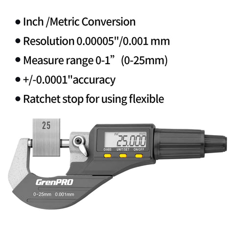 Pro Grade Digital Micrometer Measuring Tool For Precision Inch And Metric Thickness with 0.00005 In 0.001 Mm Accuracy, 0-25 Mm Range