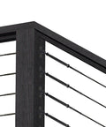 Close-up of One Eighth Inch Cable Railing Hardware Kit For Wood Posts With Stainless Steel Swage Toggle Turnbuckles installed on a black post.