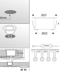 Diagram showing dimensions and installation of Low Voltage LED Deck Lights 30 Pack RGBW Smart WiFi Recessed Step Lights, IP67 waterproof.