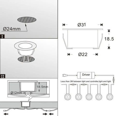 Diagram showing dimensions and installation of Low Voltage LED Deck Lights 30 Pack RGBW Smart WiFi Recessed Step Lights, IP67 waterproof.