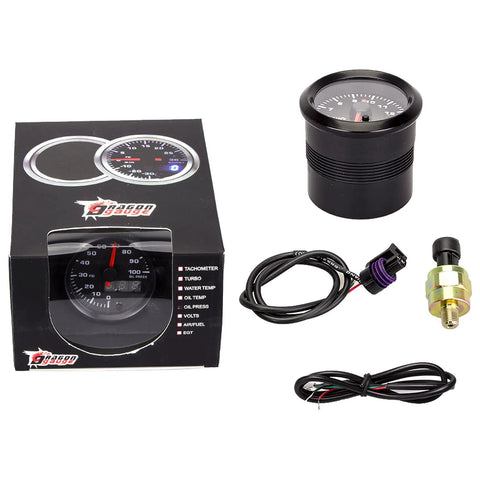 52mm oil pressure gauge kit with black dial and 7-color LED readouts; includes wiring harness and sensor.