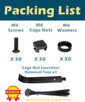 50 Pack M6 Rack Mount Cage Nuts Screws Washers With Quick Pull Installation Tool For Server Cabinets packing list with M6 components.