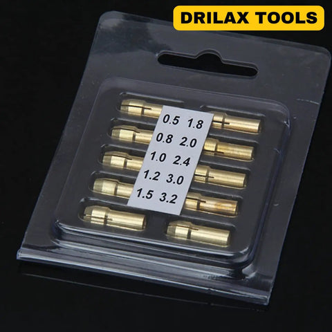 10 Piece Brass Collet Set For Dremel Rotary Tools Fits 0.5mm To 3.2mm Bits And 1/8 Inch Shank in packaging