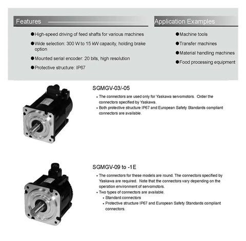 Product sheet displaying SGMGV Series Servo Motor SGMGV-09ADC61 850W with text details and two motor images.