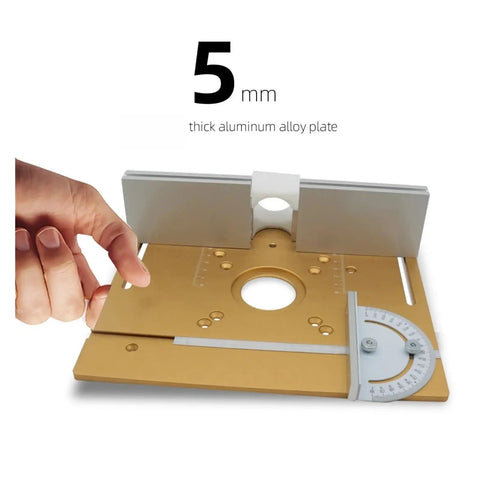 Premium Aluminum Router Table Insert Plate With Center Hole Bushing For Dead On Woodworking, showing 5mm thick aluminum alloy and adjustable angle.