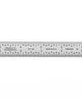 Dead Nuts Accurate Six Inch Metal Ruler Featuring Sharp Etched Scale Markings Built From Fully Hardened Carbon Steel With Sleek Chrome Plating, viewed from above.