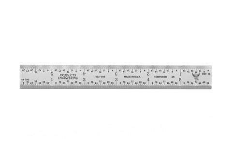 Dead Nuts Accurate Six Inch Metal Ruler Featuring Sharp Etched Scale Markings Built From Fully Hardened Carbon Steel With Sleek Chrome Plating, viewed from above.