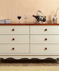 Ten Pack Round Wood Drawer Knobs Warm Red Brown Finish Mushroom Design Slick Cabinet Handles on cream dresser.