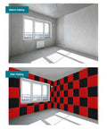 Before and after images showing 12 Piece Triangle Groove Acoustic Foam Panels For Sound Proofing High Density Flame Retardant Studio Sound Dampening Wall Tiles 12X12X2 Inches Red installed.