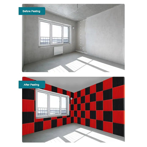Before and after images showing 12 Piece Triangle Groove Acoustic Foam Panels For Sound Proofing High Density Flame Retardant Studio Sound Dampening Wall Tiles 12X12X2 Inches Red installed.