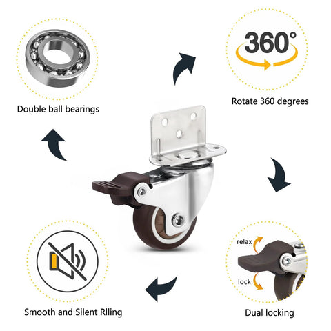 1.5 Inch Swivel Plate TPE Caster Wheels Pack Of 4 With Brake Low Profile L Bracket Casters For Crib Table Shelf TV Stand