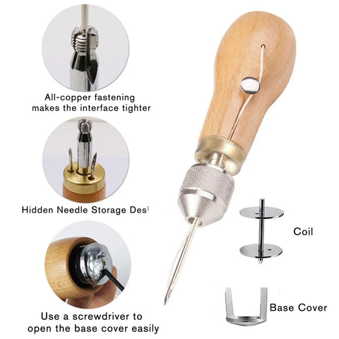 Handy Sewing Awl Kit For Leather Stitching, Portable All-In-One Tool Set with wooden handle, needle storage, and screwdriver access.