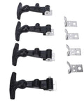 Elastic Stainless Steel Rubber Hood Catch Set, 4 Pack with T Handle Hasp and Brackets, shown in a row on white background.