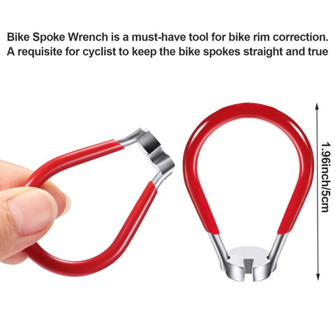 Six Piece Bicycle Spoke Tool Kit With Tire Lever For On The Go Bike Repair showing rubber handle spoke wrench in hand.