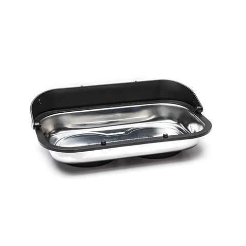 Rectangular Universal Magnetic Parts Tray With Swiveling Rim For Horizontal Or Vertical Mounting, 9-1/2 Inch Magnet Tray in black.