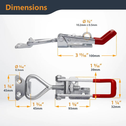 Heavy Duty Toggle Clamp Latch Set, 1320 Lb Holding Capacity, Adjustable Quick Release Pull Action With Lock Hole, 2 Pack For Smoker, CNC Projects, Woodworking Jigs, Cabinets And DIY Fixtures, dimensions shown