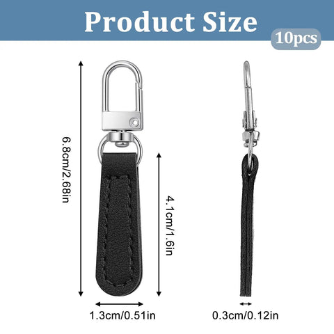 10 Piece Leather Zipper Pull Replacement Kit For Luggage Backpacks Jackets Purses Handbags And Suitcases Durable PU Leather And Zinc Alloy 2.68 X 0.51 X 0.12 Inches Easy No Tool Install front and side view
