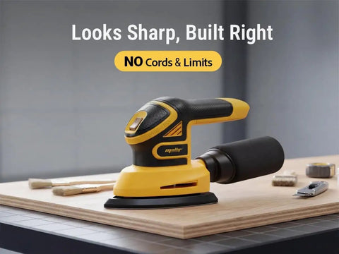 Brushless Cordless Detail Corner Sander Compatible With DeWalt 20V Max Battery Tool Only on wooden surface with brushes.