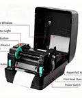 Heavy Duty Thermal Transfer Ribbon Printer With 104 Mm Wide Format Plug And Play Usb Port open showing internal components and labels.