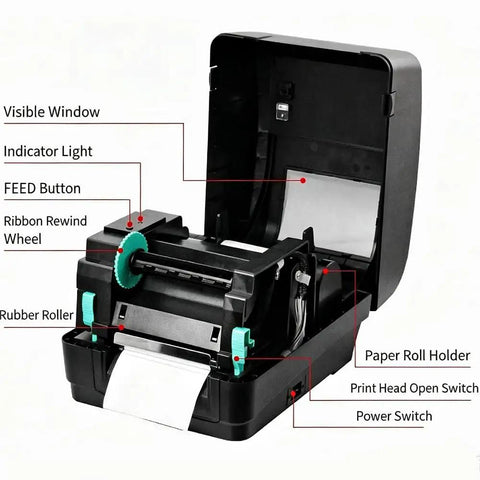 Heavy Duty Thermal Transfer Ribbon Printer With 104 Mm Wide Format Plug And Play Usb Port open showing internal components and labels.