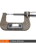 Compact 0 To 25 Mm Mechanical Outer Diameter Micrometer Featuring A Thin Rod Throat for precise measurement of small dimensions.