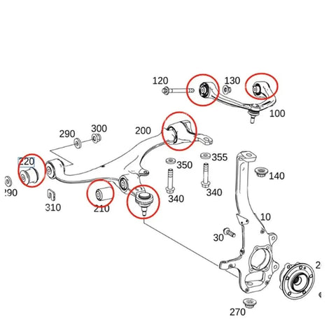 Diagram of 12 Piece Front Suspension Upper And Lower Control Arm Bushing Kit For W463 G500 G550 G63 AMG.