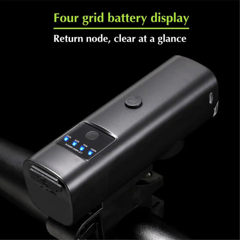 1200 Lumen Bike Lights Front And Back With USB Rechargeable Battery LED Bicycle Lights Headlights And Taillights With Electric Horn Auto Dimming And 4 Plus 4 Lighting Modes Perfect For Kids And Adults Night Rides And Emergencies featuring four grid battery display
