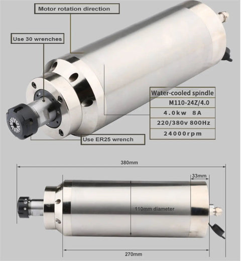 Beefed Up Pro Grade 4KW Water Cooled CNC Spindle Motor 110mm Diameter 270mm Shaft 380V 8A 24,000 RPM ER25 Collet Nut