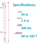 Diagram of heavy duty 24 inch zip tie, 0.35 inch wide, 200 lb tensile strength, showing specifications for home, work, and outdoor use.