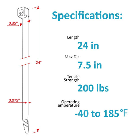 Diagram of heavy duty 24 inch zip tie, 0.35 inch wide, 200 lb tensile strength, showing specifications for home, work, and outdoor use.