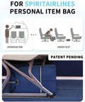 Spirit Airlines Underseat Personal Item Bag 18x14x8 with Wet Pocket under airplane seat, navy blue duffle style.