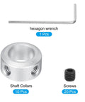 10 Pack Aluminum Shaft Collars 10mm Bore Three Eighths Inch Set Screw Style Clamping Collars With Hex Wrench Silver For Motors Drive Shafts Machine Tools And 3D Printer Hardware Workhorse Quality And Easy To Install, includes shaft collars, screws, and hex wrench in silver.