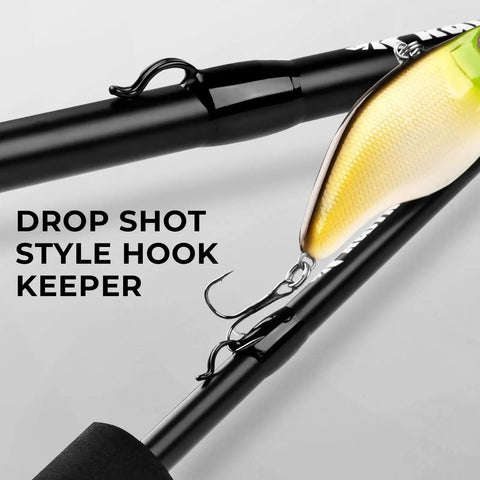 Drop shot style hook keeper on Crixus Fishing Rod And Reel Combo For Spinning And Baitcasting, featuring IM6 graphite.