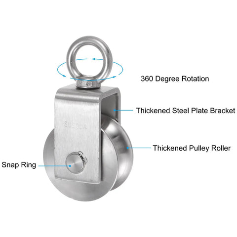 Beefy 304 Stainless Steel M68 U Type Rope Pulley Wheel With Duplex Bearing, Heavy Duty Cable Pulley Roller For Pulley System, Gym Ready Load Up To 2000lbs, Fits 1 to 20mm Wire Ropes, Rust Resistant, 360-degree stainless steel pulley with snap ring