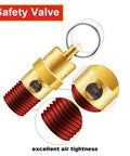 Two-pack brass 1/4'' NPT air compressor safety valves with red threaded ends and key ring