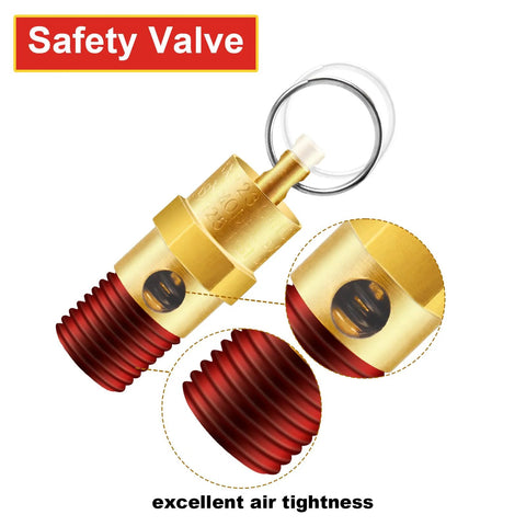 Brass 1/4'' NPT air compressor pressure relief valve with red threaded end, front view