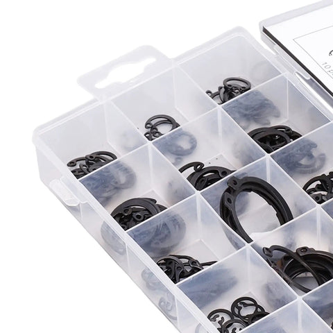 Multi Size 225Pcs C Clip Circlip Snap Ring Retaining Fastener Hardware Kit for Machines and Vehicles in compartmental box