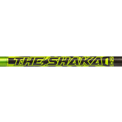 Close-up of Shaka Hybrid Carbon Fiber Pole Spear 7ft with bold lettering on shaft for spearfishing, free diving, and scuba diving.