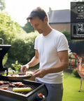Yard Gard Ultrasonic Animal Repeller for 4000 Sq Ft Keeps Deer, Raccoons, and Skunks Out With Humane No Harm High Frequency Sound Humans Don't Hear But Pests Do for a Safer, Pest Free Backyard. Man grilling in yard; deer shown blocked.