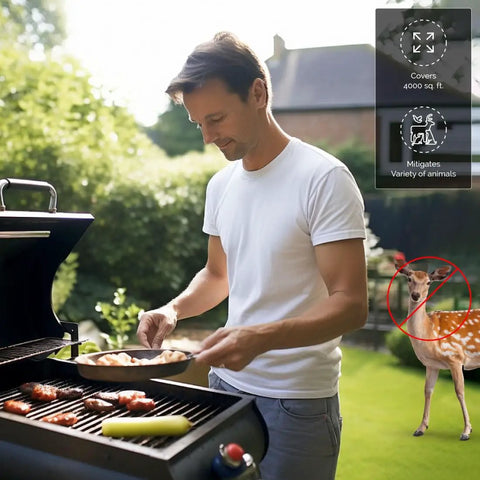 Yard Gard Ultrasonic Animal Repeller for 4000 Sq Ft Keeps Deer, Raccoons, and Skunks Out With Humane No Harm High Frequency Sound Humans Don't Hear But Pests Do for a Safer, Pest Free Backyard. Man grilling in yard; deer shown blocked.