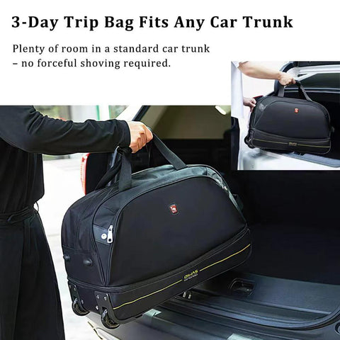 OIWAS 22-inch rolling duffel bag, black with yellow trim, being loaded into car trunk