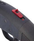 Close-up of Mossberg Shotgun Safety Replacement with Billet Aluminum Ball and Steel Plate Beefed Up Direct Fit CNC Machined Profile Hardcoat FDE