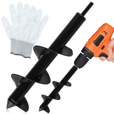 Heavy Duty Garden Auger Drill Bit Three Inch By Twelve Inch For Planting Bulb Planter Tool with gloves and drill in use