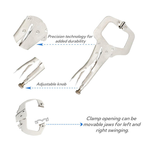 Heavy Duty 6 Inch C Clamp Locking Pliers Set with knob and swivel pad for precise adjustments and durability details