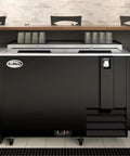 50 Inch Commercial Bottle Cooler 14 Cu Ft Freestanding Refrigerator With Built In Bottle Opener 3 Wide Shelves Digital Thermostat Charcoal Black front view with storage glasses.