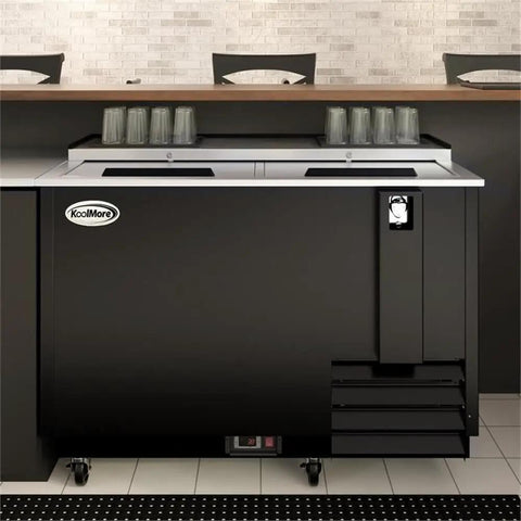 50 Inch Commercial Bottle Cooler 14 Cu Ft Freestanding Refrigerator With Built In Bottle Opener 3 Wide Shelves Digital Thermostat Charcoal Black front view with storage glasses.